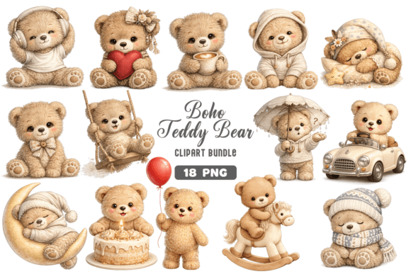 Download Boho Teddy Bear Baby Clipart PNG Bundle - Png Collection