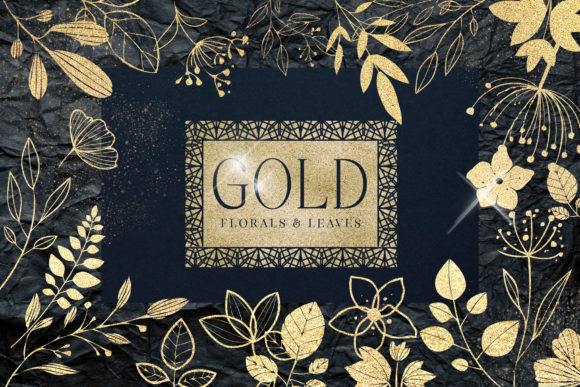 Download Gold Foil Textured Leaves Flowers PNG - Png Collection