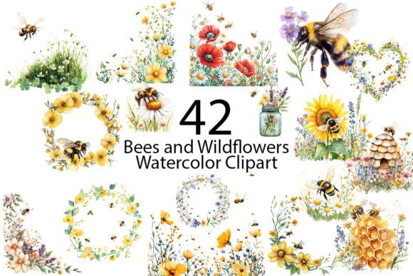 Download Bees and Wildflowers Watercolor Clipart - Bees Collection