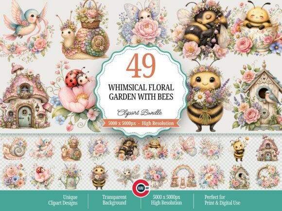 Download Whimsical Floral Garden with Bees - Bees Collection